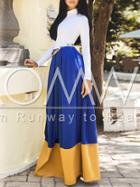 Romwe White Blue High Neck Color Block Maxi Dress
