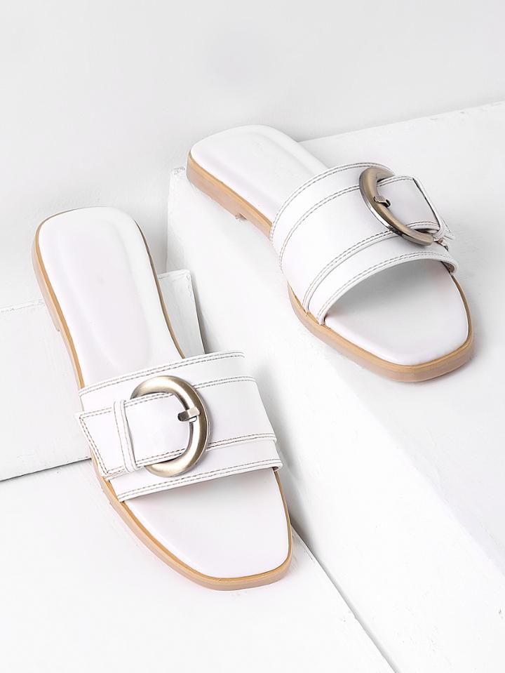 Romwe White Buckle Detail Slide Sandals