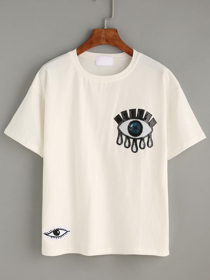 Romwe Sequins Eye Pattern White T-shirt