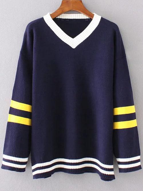 Romwe Navy Striped Trim Contrast V Neck Sweater