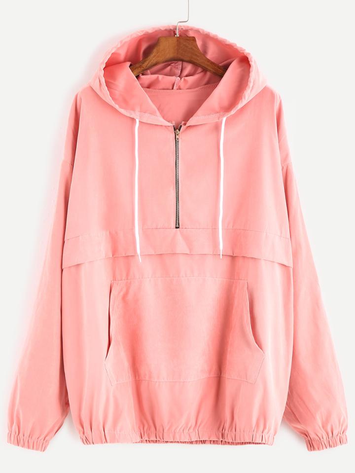 Romwe Pink Drop Shoulder Zip Detail Pocket Drawstring Hoodie