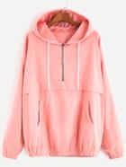 Romwe Pink Drop Shoulder Zip Detail Pocket Drawstring Hoodie