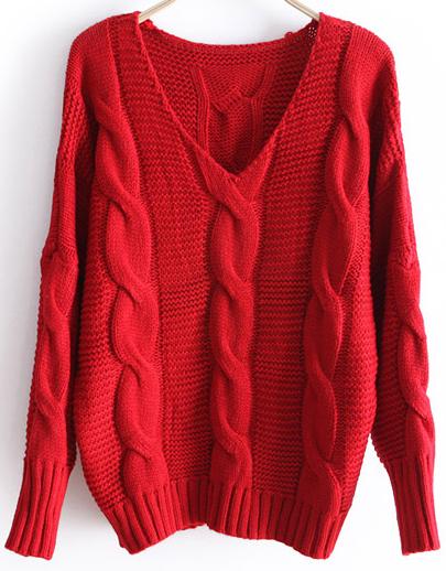 Romwe Red Batwing Long Sleeve V-neck Cable Sweater