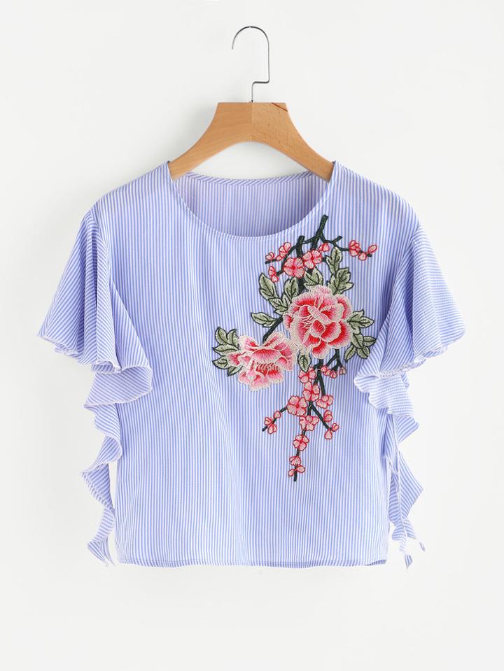 Romwe Flower Blossom Applique Flutter Sleeve Top