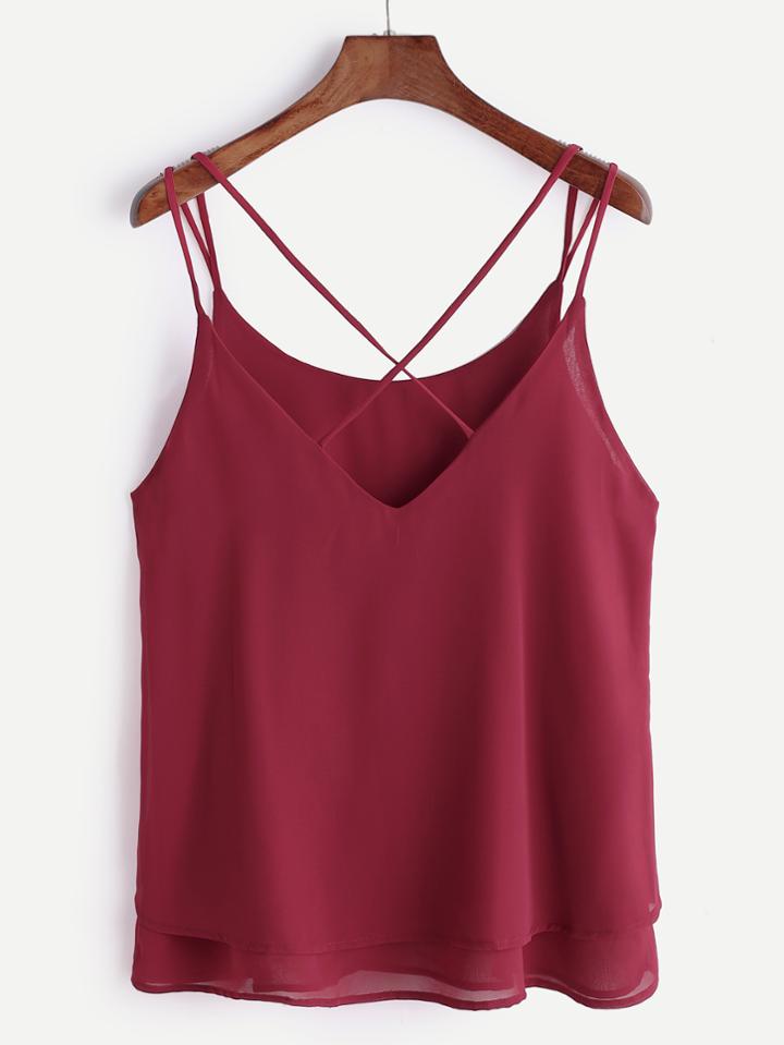 Romwe Burgundy Cross V Back Cami Top