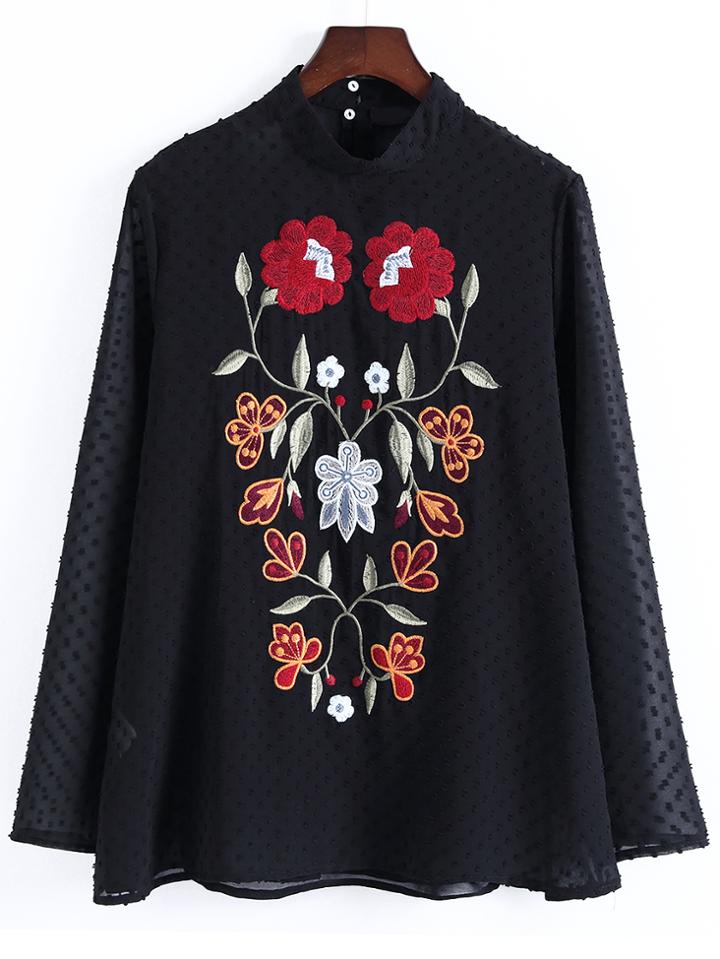 Romwe Black Embroidered Band Collar Blouse With Cami Top