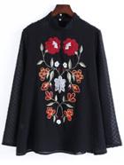 Romwe Black Embroidered Band Collar Blouse With Cami Top