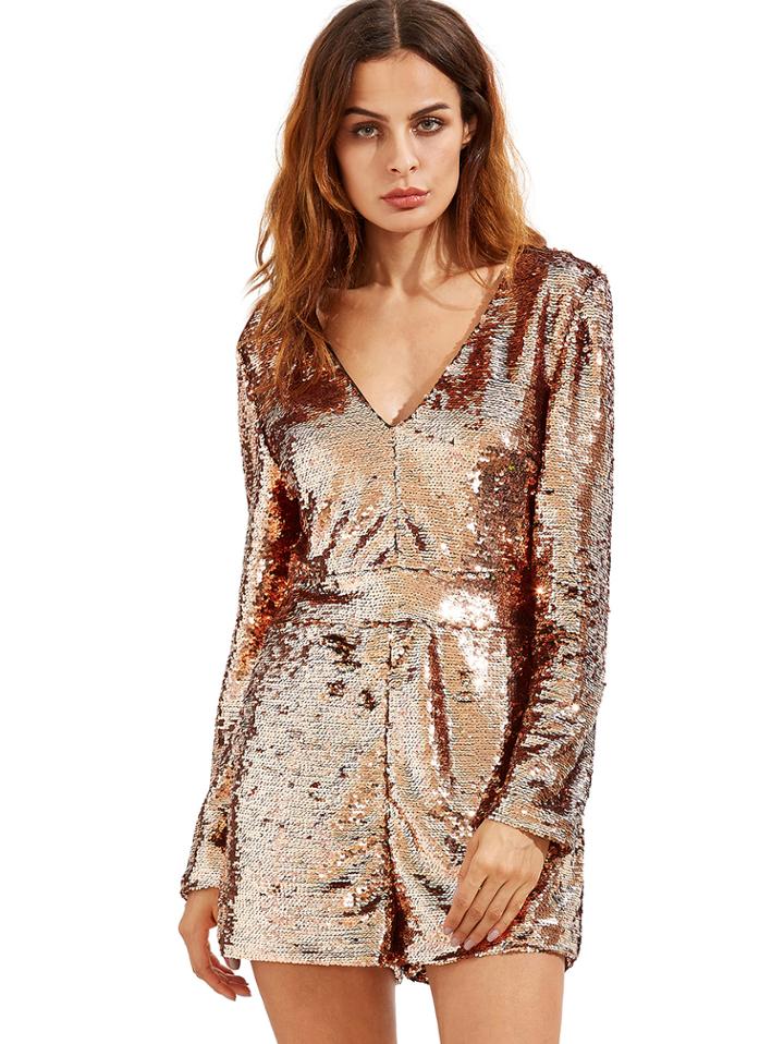 Romwe Rose Gold Long Sleeve Deep V Neck Sequined Romper
