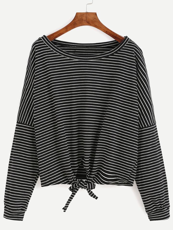 Romwe Black Striped Drop Shoulder Tie Front T-shirt