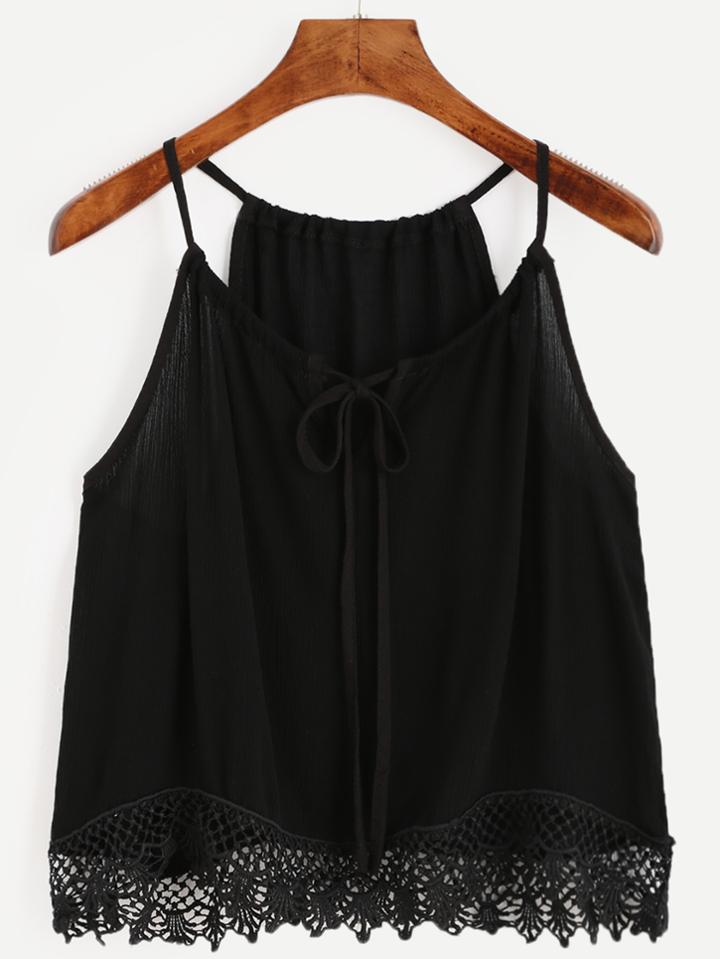 Romwe Black Crochet Trim Tie Neck Cami Top