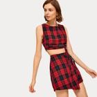 Romwe Tartan Buckle Belted Crop Top & Skorts