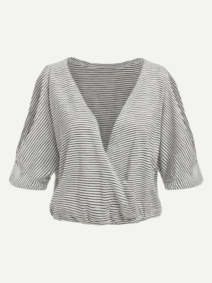 Romwe Split Sleeve Striped Wrap Tee