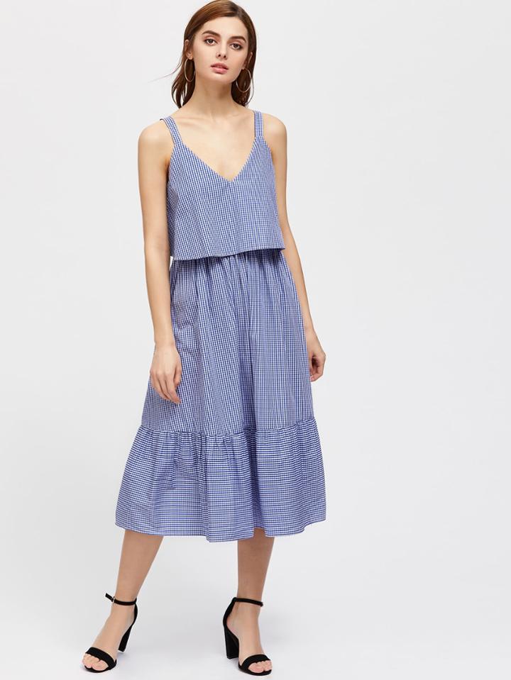 Romwe Thick Strap Two Layer Ruffle Hem Gingham Dress