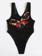 Romwe Embroidered Butterfly Plunge Neckline Mesh Swimsuit