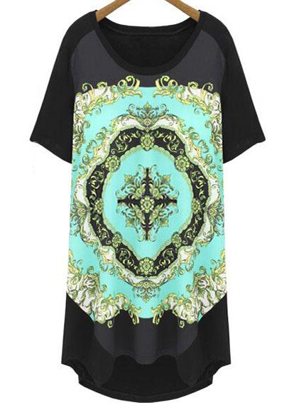 Romwe Vintage Print Shift Black Dress