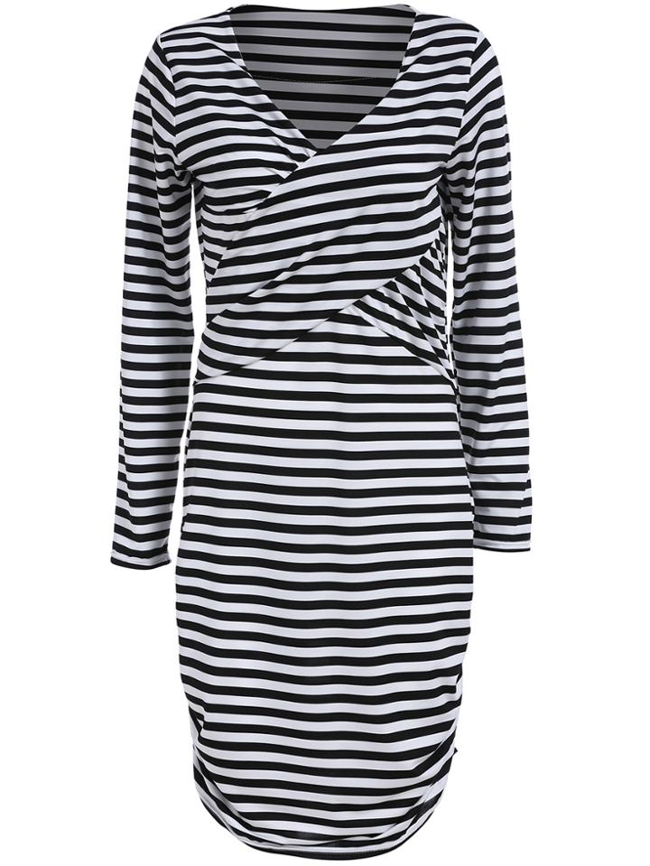 Romwe V Neck Long Sleeve Striped Dress