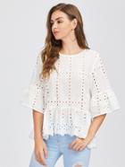Romwe Fluted Sleeve Eyelet Embroidered Top