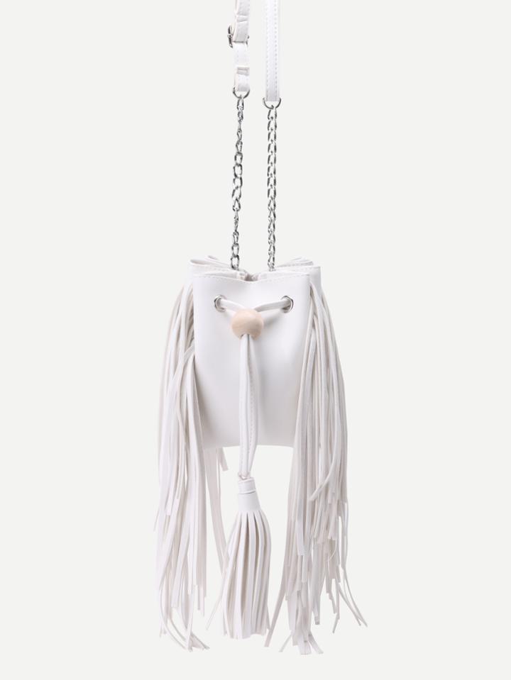 Romwe White Pu Tassel Trim Drawstring Bucket Bag With Chain