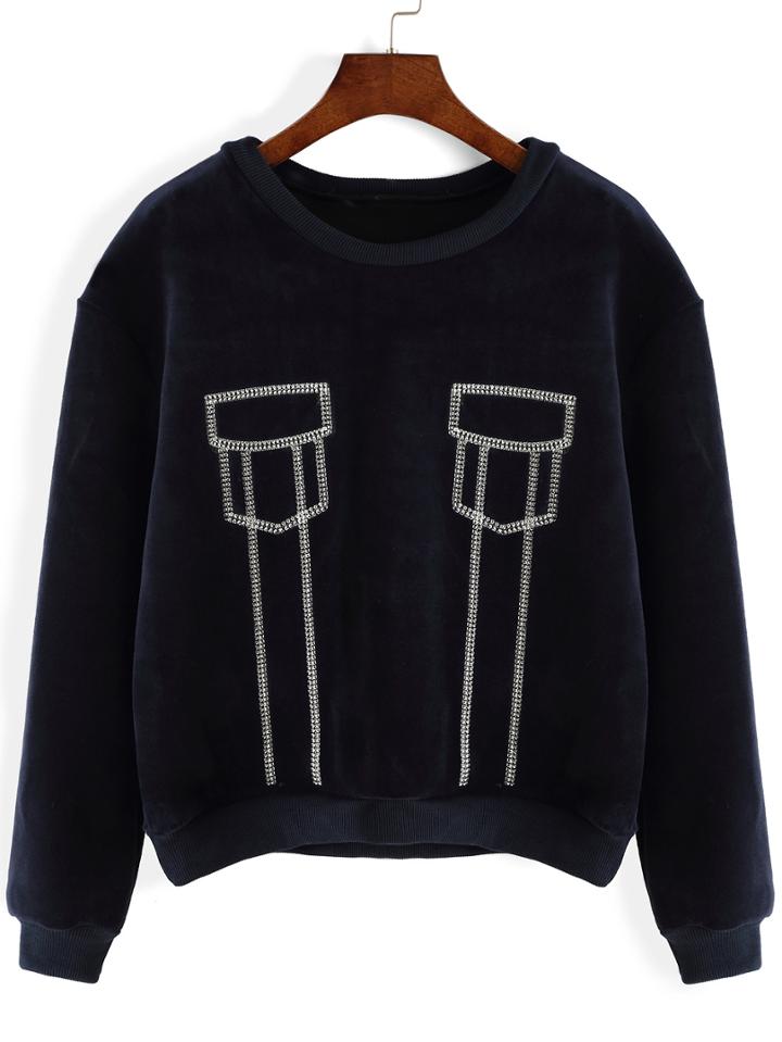 Romwe Round Neck Embroidered Navy Sweatshirt