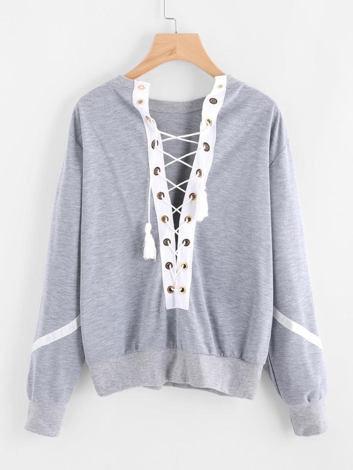 Romwe Deep V Neckline Eyelet Lace Up Sweatshirt