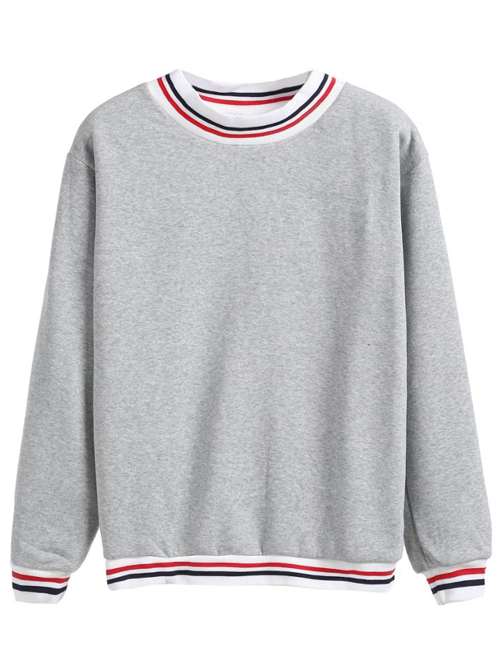 Romwe Heather Grey Contrast Striped Trim Sweatshirt