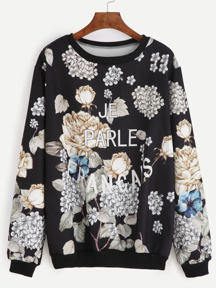 Romwe Flower And Letter Print Sweatshirt