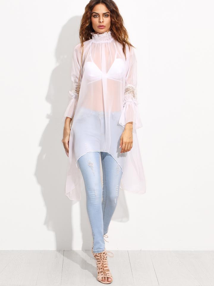 Romwe White Smocked High Neck Lace Insert Sleeve Asymmetrical Dress