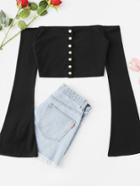 Romwe Off Shoulder Bell Sleeve Single Breasted Tee