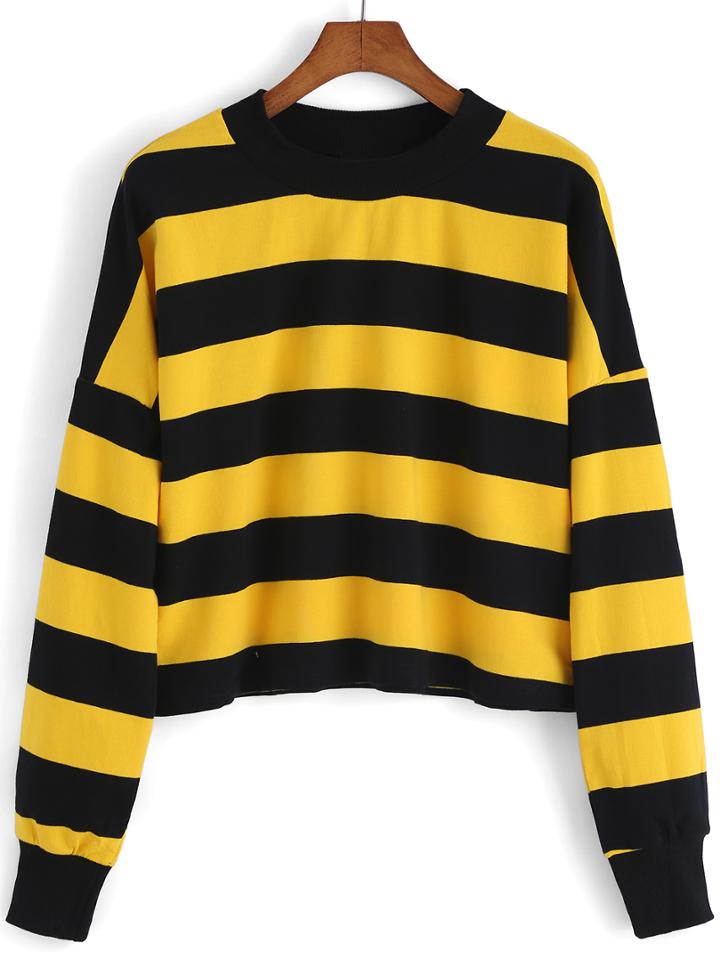 Romwe Striped Crop Yellow Sweatshirt