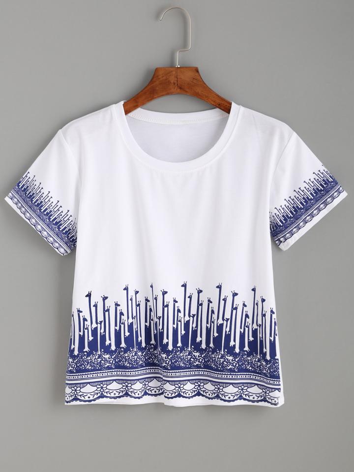 Romwe White Giraffe Print Crop T-shirt