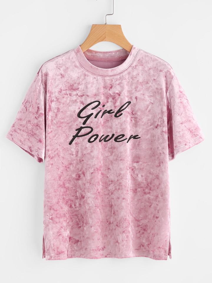 Romwe Letter Print Vented Side Crushed Velvet Tee