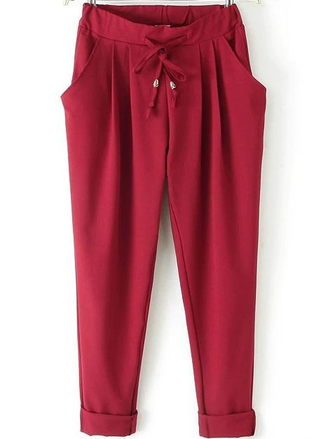 Romwe Drawstring Waist Pockets Wine Red Pant