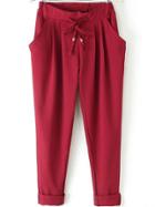 Romwe Drawstring Waist Pockets Wine Red Pant