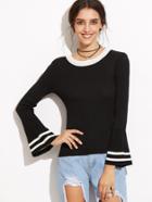 Romwe Black Bell Sleeve Contrast Trim Sweater