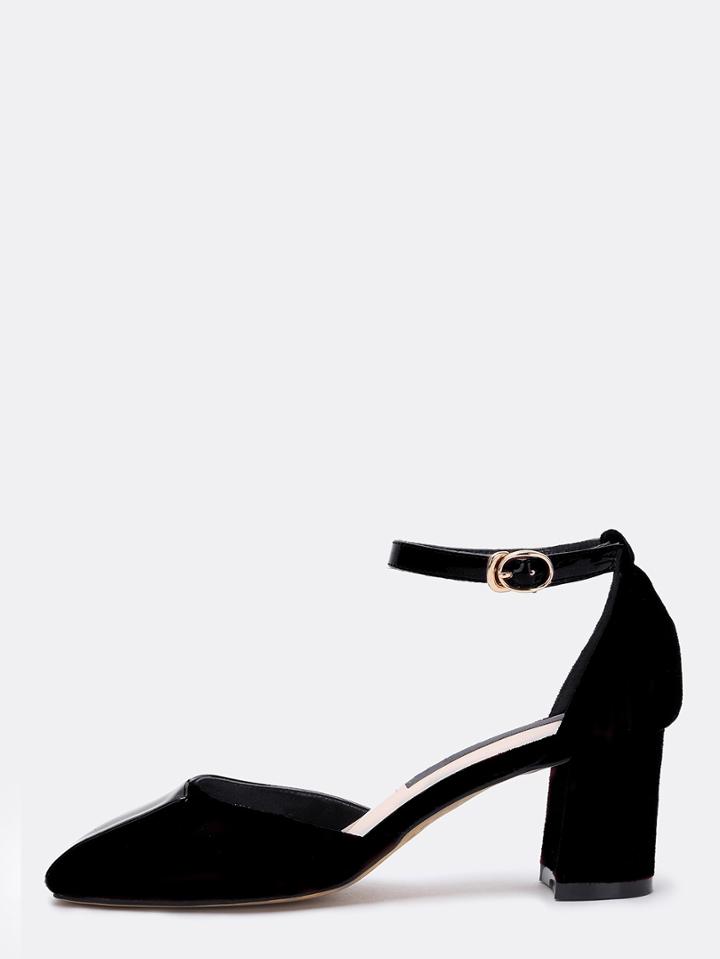 Romwe Black Suede Patent Ankle Strap D'orsay Pumps