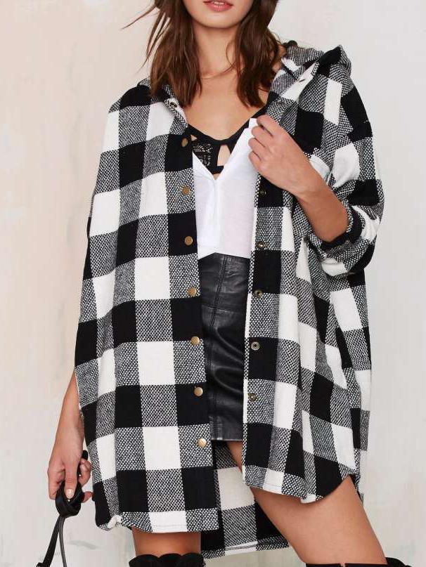 Romwe Hooded Plaid Buttons Long Coat