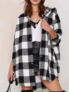 Romwe Hooded Plaid Buttons Long Coat