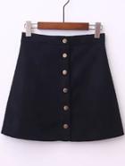 Romwe Black Single Breasted A-line Suede Skirt