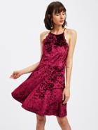 Romwe Crushed Velvet Scallop Lace Trim Backless Swing Dress