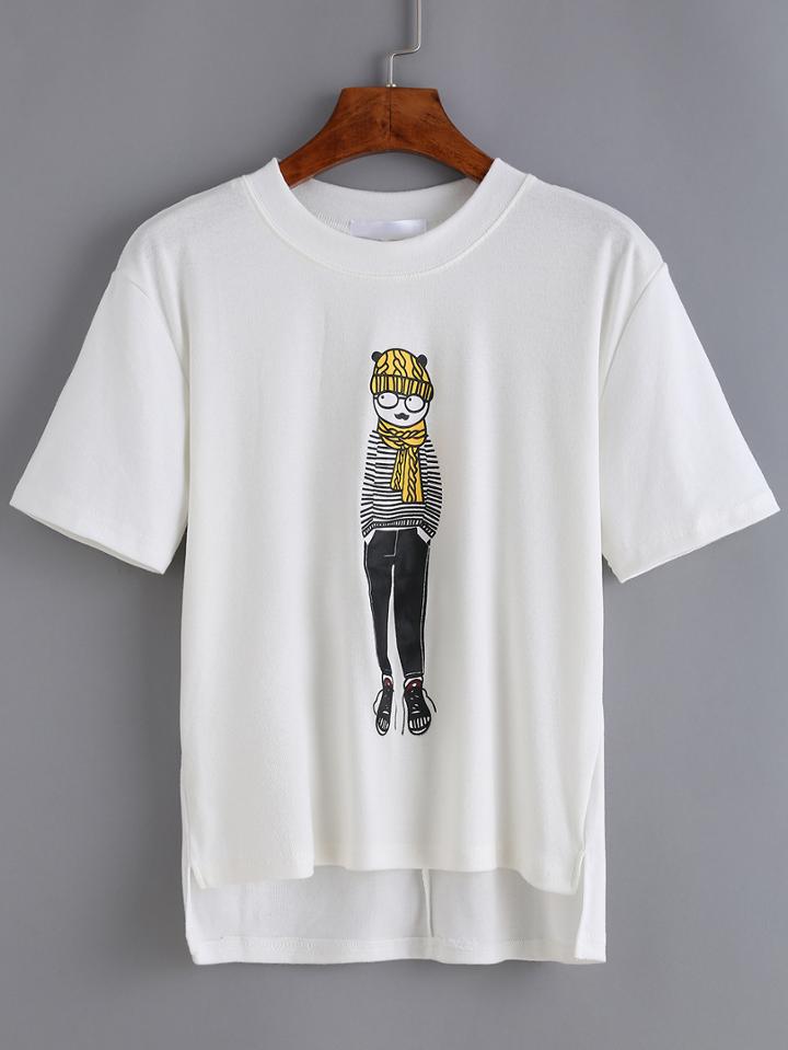 Romwe Dip Hem Split Cartoon Print T-shirt