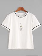 Romwe White Contrast Trim Slit Side Cartoon Embroidery T-shirt