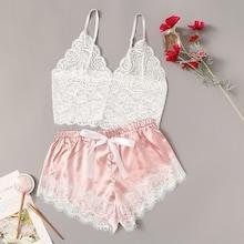 Romwe Floral Lace Cami Top With Satin Shorts