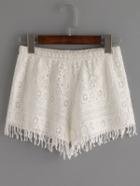 Romwe Crochet Elastic Waist Fringe White Loose Shorts