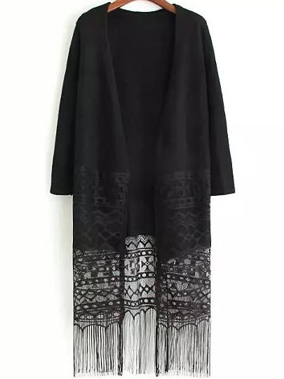Romwe Lace Insert Tassel Long Black Coat