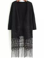 Romwe Lace Insert Tassel Long Black Coat