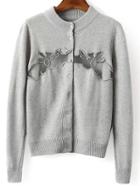 Romwe Mesh Insert Embroidered Grey Cardigan Sweater