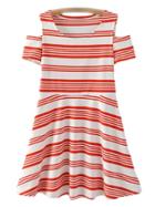 Romwe Red White Stripe Cold Shoulder Skater Dress