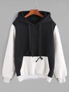 Romwe Black Contrast Pocket Drawstring Hooded Sweatshirt