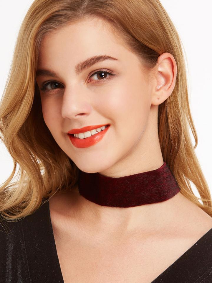 Romwe Burgundy Faux Fur Wide Choker Necklace