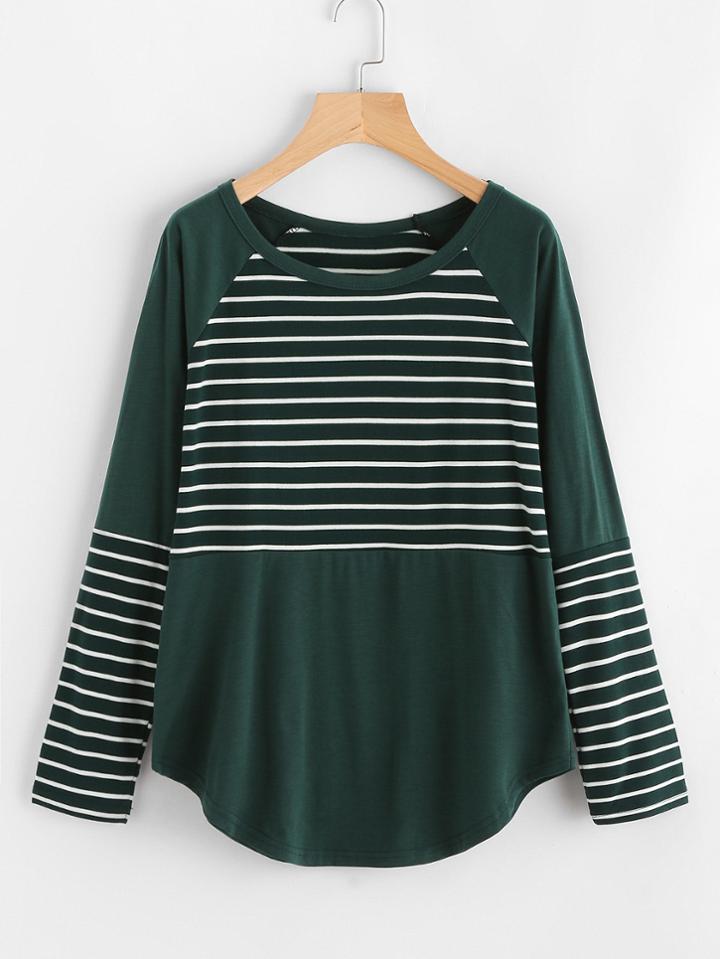 Romwe Raglan Sleeve Curved Hem Contrast Striped Tee